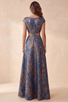 Load image into Gallery viewer, Floral Navy A-Line Boat Neck Cut Out Long Wedding Guest Dress