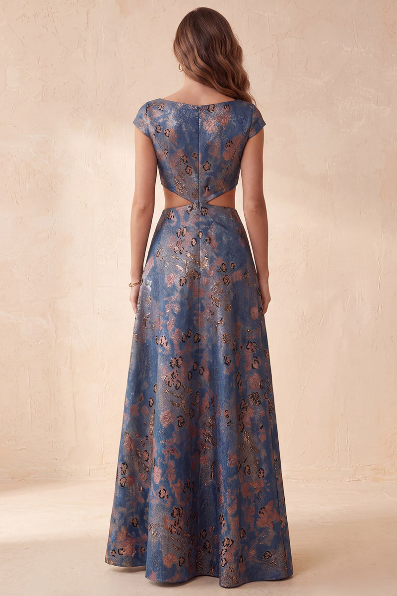 Load image into Gallery viewer, Floral Navy A-Line Boat Neck Cut Out Long Wedding Guest Dress