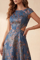 Load image into Gallery viewer, Floral Navy A-Line Boat Neck Cut Out Long Wedding Guest Dress