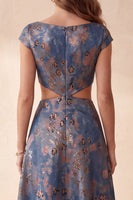 Load image into Gallery viewer, Floral Navy A-Line Boat Neck Cut Out Long Wedding Guest Dress
