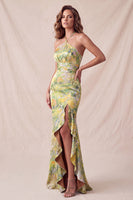 Load image into Gallery viewer, Floral Yellow Mermaid Ruffled Halter Long Wedding Guest Dress with Slit