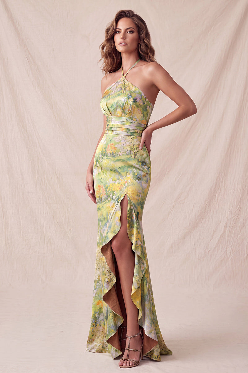 Load image into Gallery viewer, Floral Yellow Mermaid Ruffled Halter Long Wedding Guest Dress with Slit