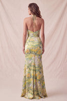 Load image into Gallery viewer, Floral Yellow Mermaid Ruffled Halter Long Wedding Guest Dress with Slit