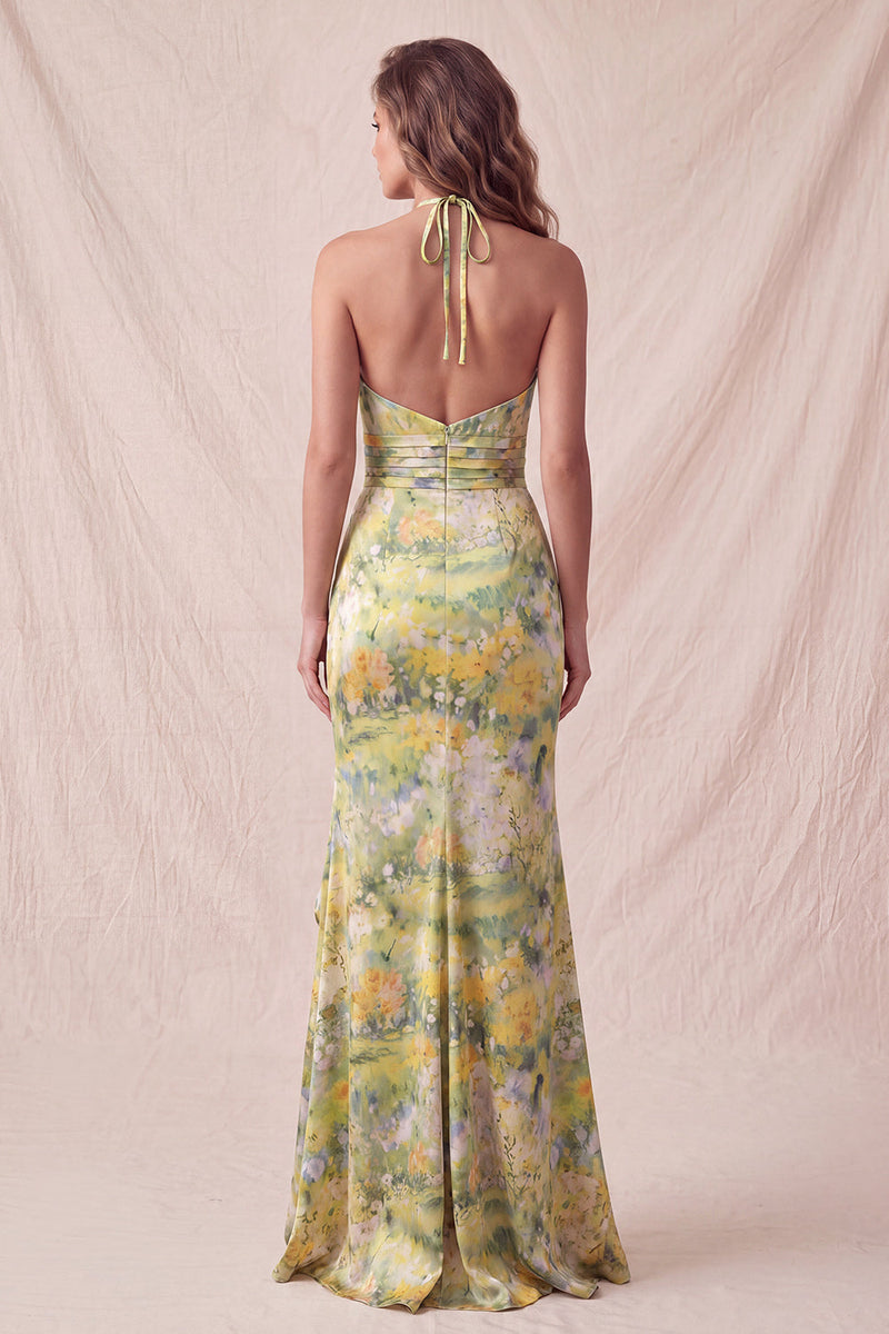 Load image into Gallery viewer, Floral Yellow Mermaid Ruffled Halter Long Wedding Guest Dress with Slit