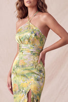 Load image into Gallery viewer, Floral Yellow Mermaid Ruffled Halter Long Wedding Guest Dress with Slit