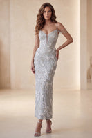 Load image into Gallery viewer, Floral Sparkly Light Grey Beaded Sheath Long Evening Dress