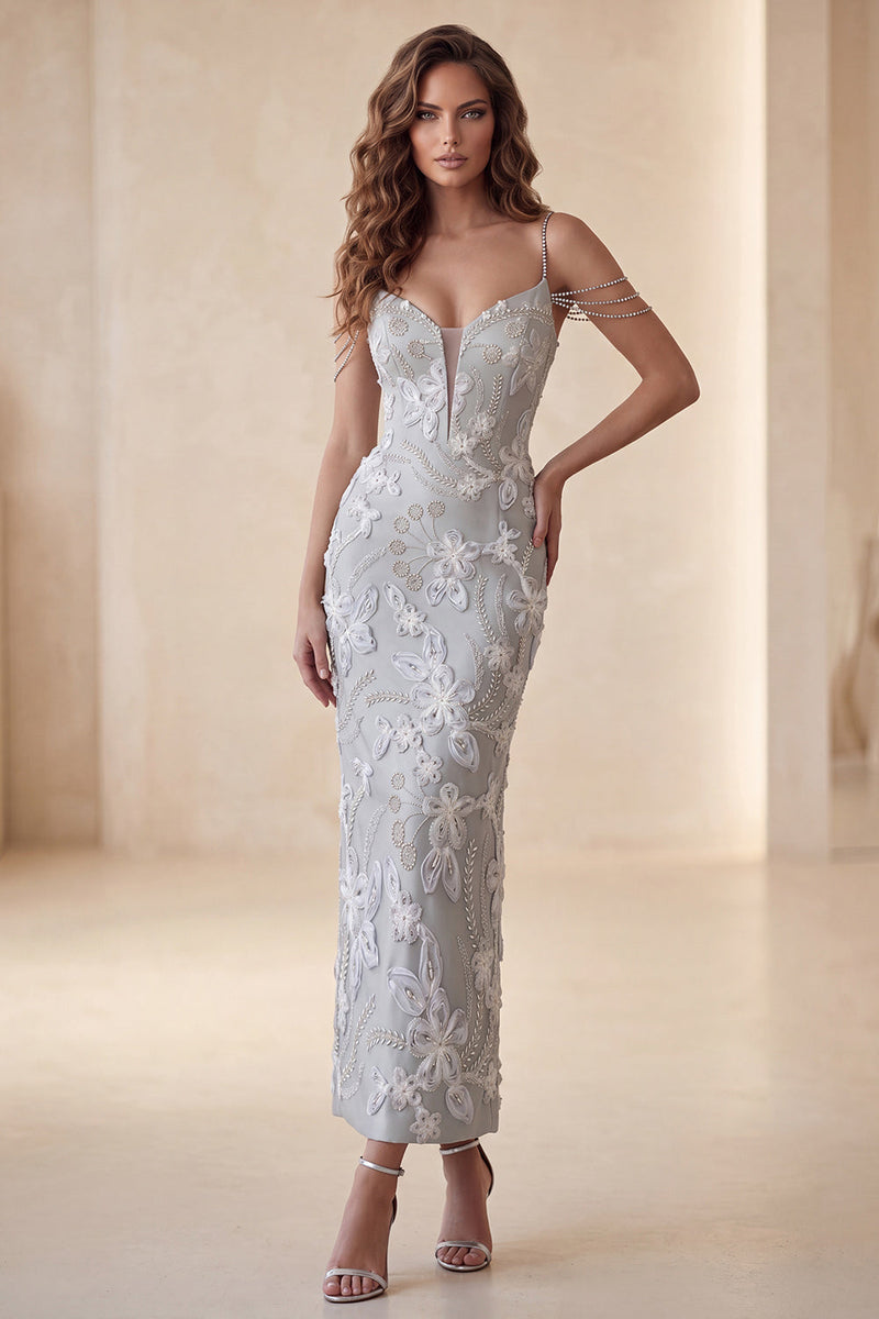 Load image into Gallery viewer, Floral Sparkly Light Grey Beaded Sheath Long Evening Dress
