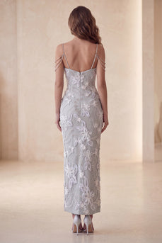 Floral Sparkly Light Grey Beaded Sheath Long Evening Dress