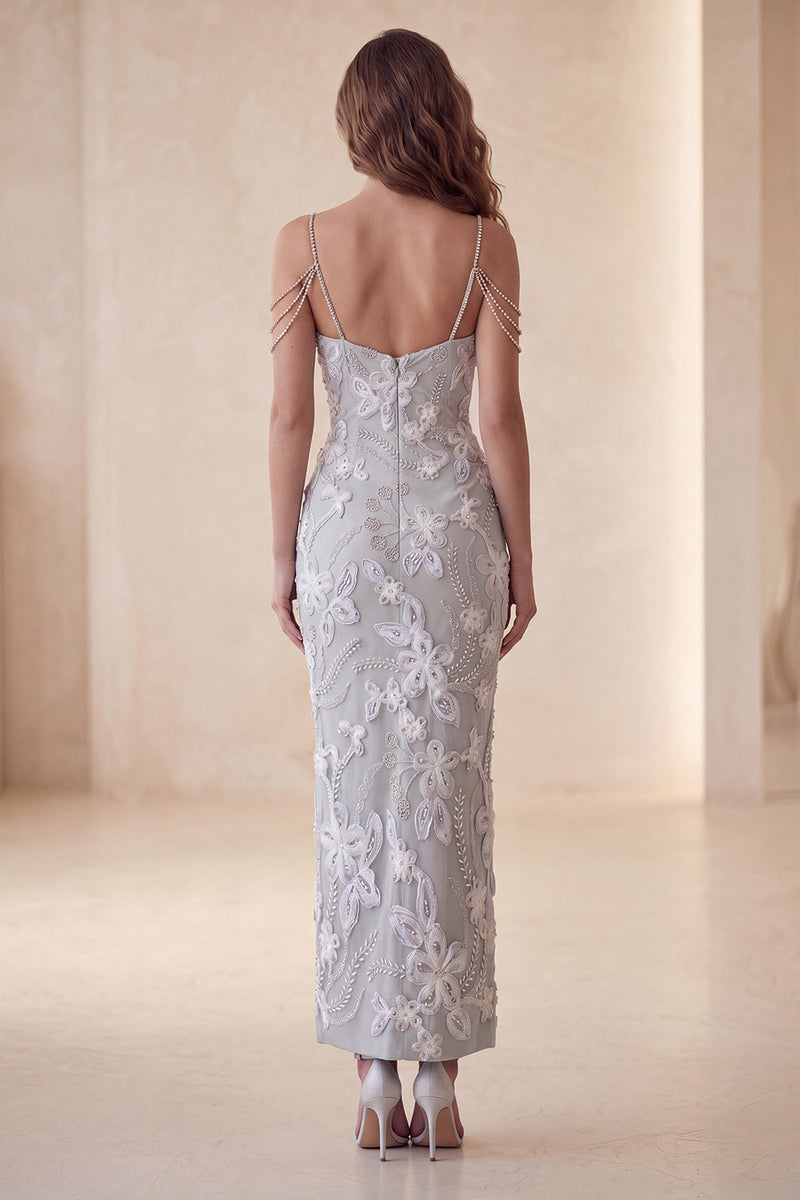 Load image into Gallery viewer, Floral Sparkly Light Grey Beaded Sheath Long Evening Dress