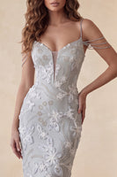 Load image into Gallery viewer, Floral Sparkly Light Grey Beaded Sheath Long Evening Dress