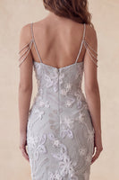 Load image into Gallery viewer, Floral Sparkly Light Grey Beaded Sheath Long Evening Dress