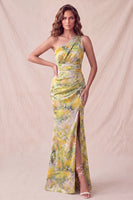 Load image into Gallery viewer, Yellow Floral Mermaid One Shoulder Ruched Long Wedding Guest Dress with Slit