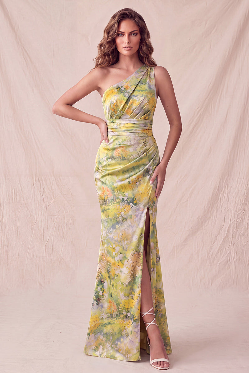 Load image into Gallery viewer, Yellow Floral Mermaid One Shoulder Ruched Long Wedding Guest Dress with Slit