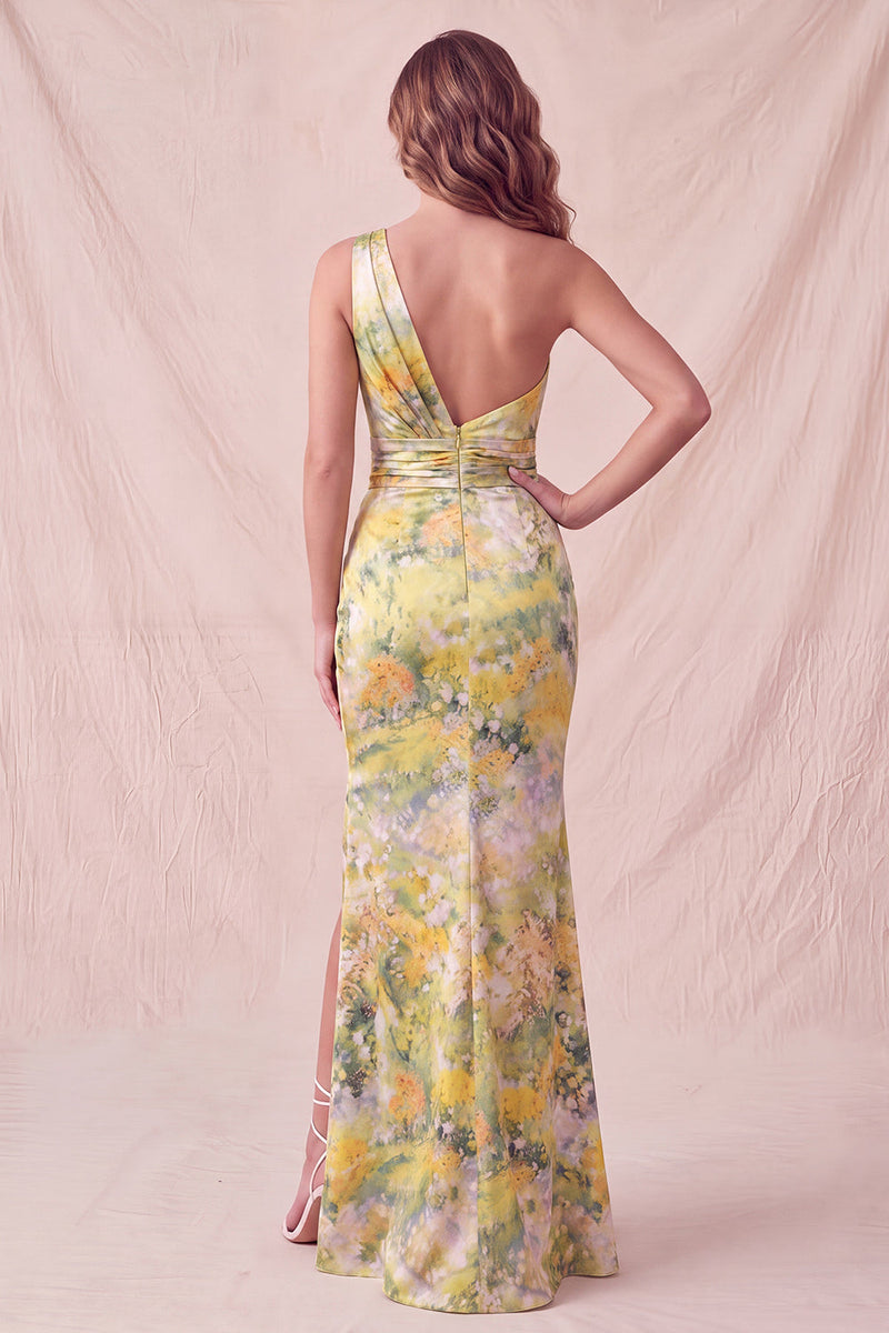 Load image into Gallery viewer, Yellow Floral Mermaid One Shoulder Ruched Long Wedding Guest Dress with Slit