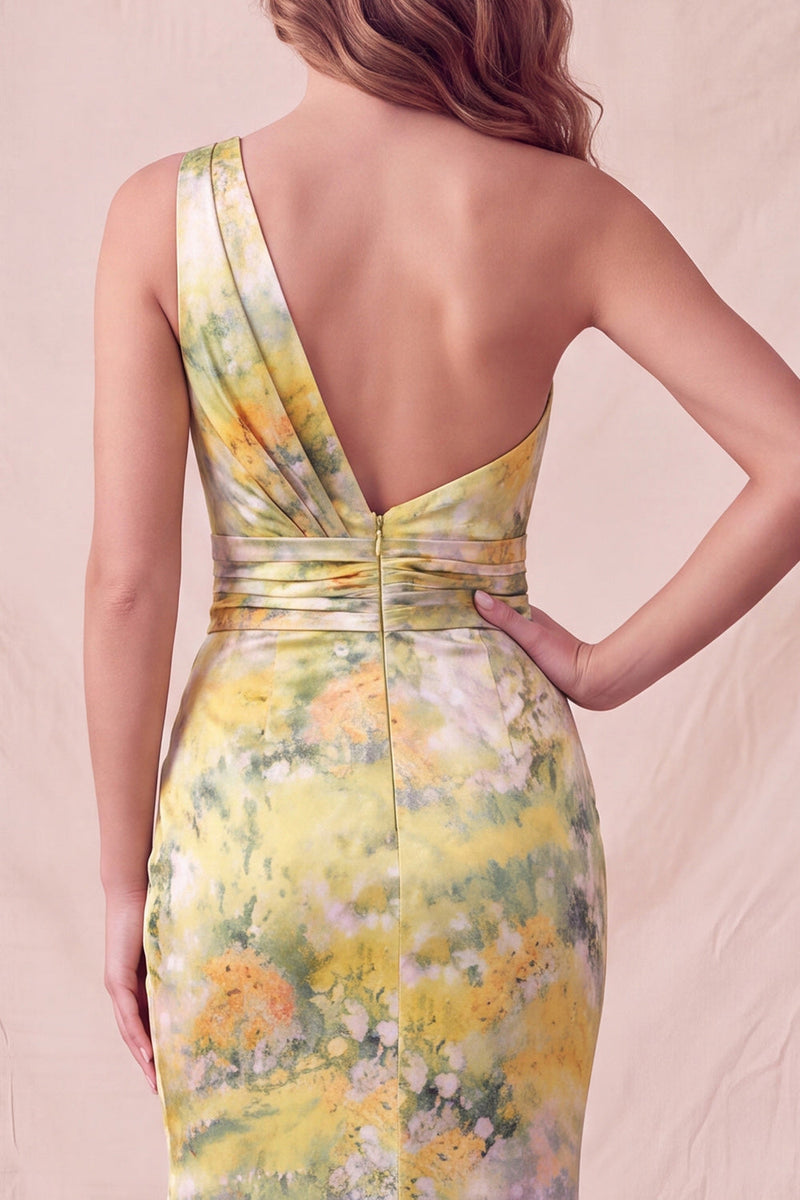 Load image into Gallery viewer, Yellow Floral Mermaid One Shoulder Ruched Long Wedding Guest Dress with Slit