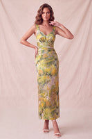 Load image into Gallery viewer, Yellow Floral Sheath Ruched Long Wedding Guest Dress