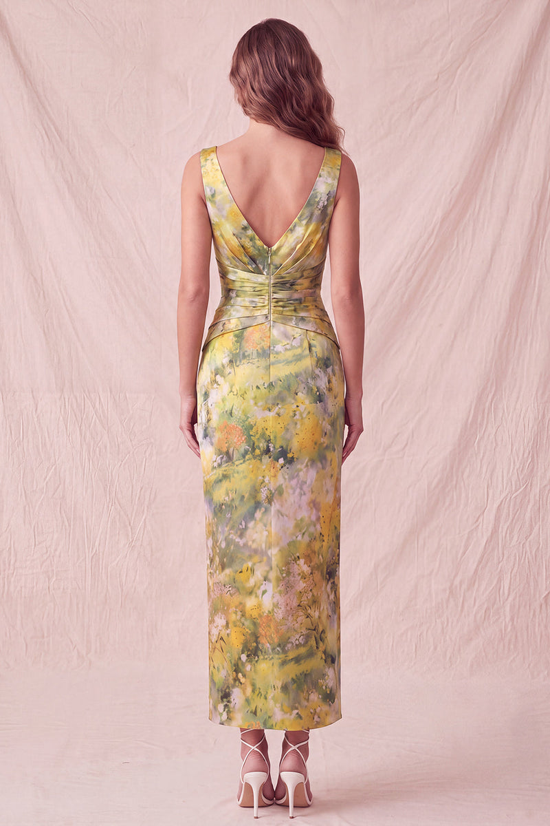 Load image into Gallery viewer, Yellow Floral Sheath Ruched Long Wedding Guest Dress