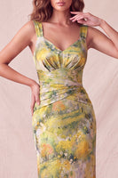 Load image into Gallery viewer, Yellow Floral Sheath Ruched Long Wedding Guest Dress