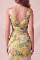 Load image into Gallery viewer, Yellow Floral Sheath Ruched Long Wedding Guest Dress