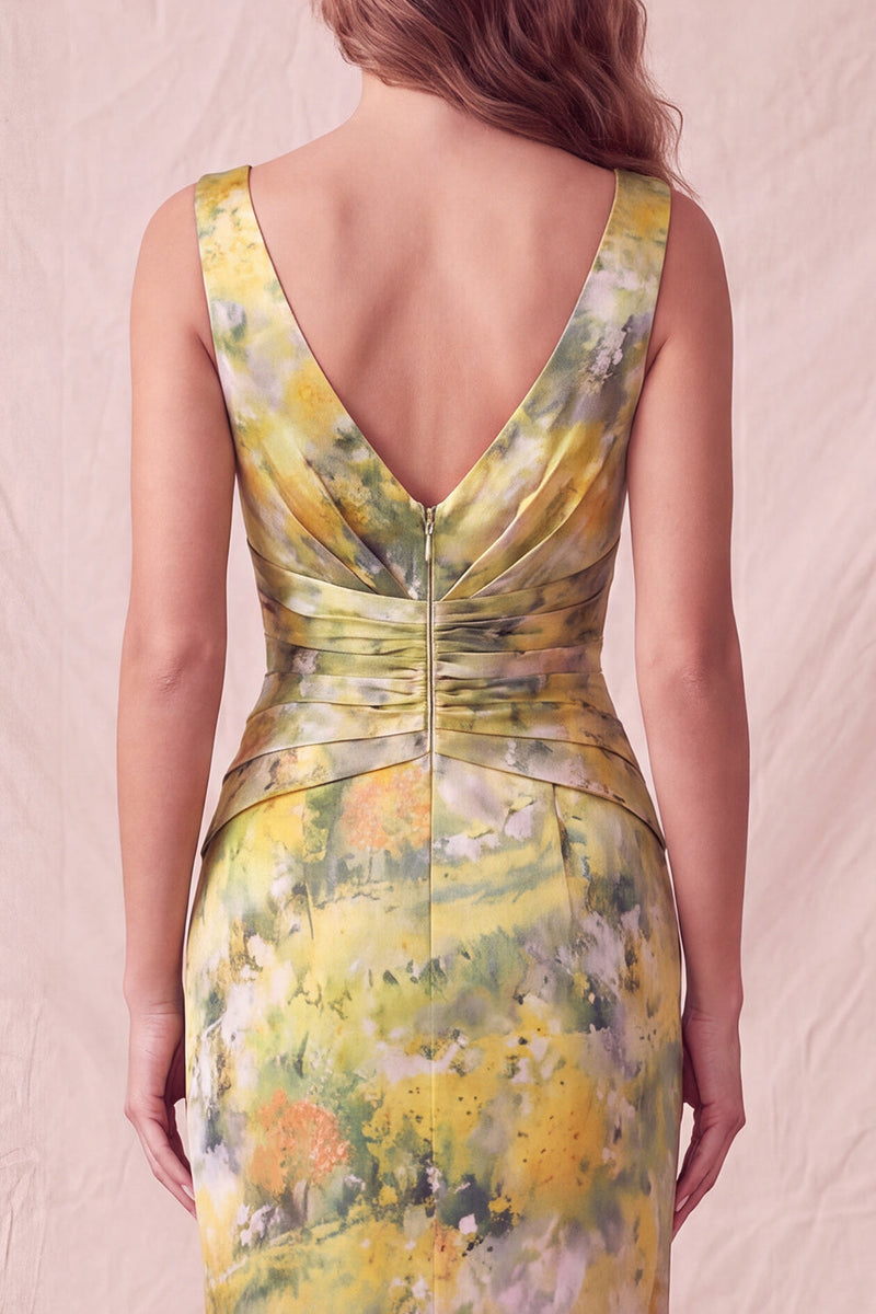 Load image into Gallery viewer, Yellow Floral Sheath Ruched Long Wedding Guest Dress