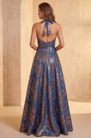 Load image into Gallery viewer, Navy Floral A-Line Halter Long Wedding Guest Dress with Bow