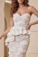 Load image into Gallery viewer, Apricot Sparkly Sequin Ruffled Long Evening Dress with Back Slit