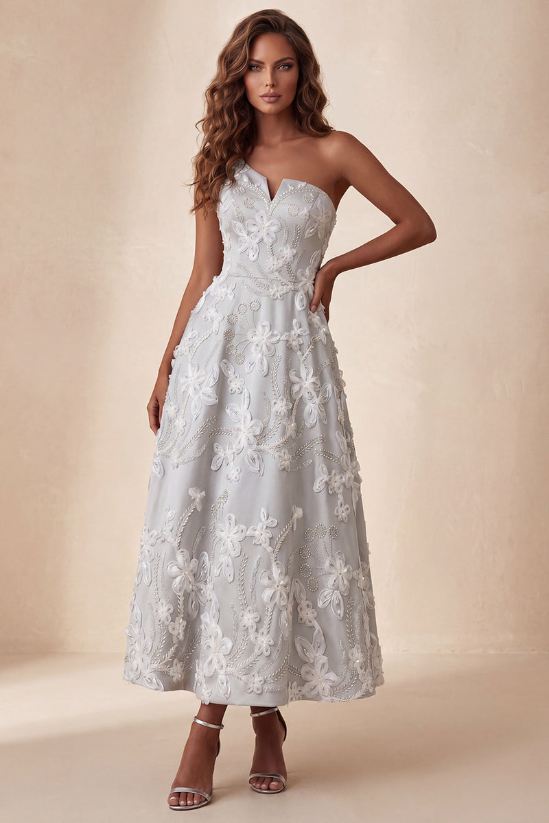 Load image into Gallery viewer, Light Grey Floral Sparkly A-Line Beaded Long Evening Dress