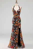 Load image into Gallery viewer, Sparkly Black Floral Sequin Halter Mermaid Long Evening Dress with Slit