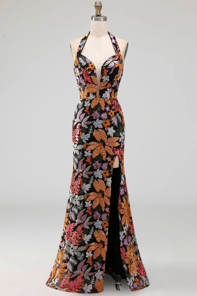 Load image into Gallery viewer, Sparkly Black Floral Sequin Halter Mermaid Long Evening Dress with Slit