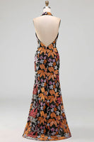 Load image into Gallery viewer, Sparkly Black Floral Sequin Halter Mermaid Long Evening Dress with Slit