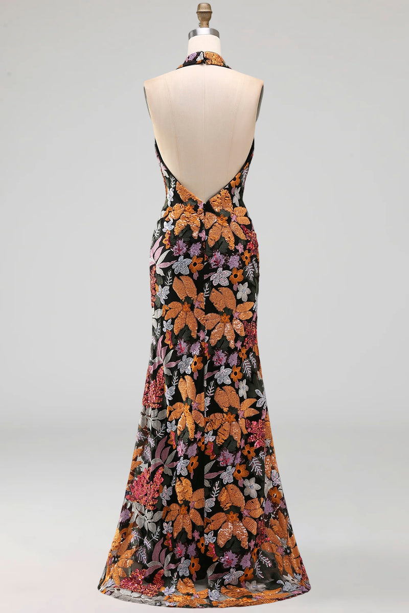 Load image into Gallery viewer, Sparkly Black Floral Sequin Halter Mermaid Long Evening Dress with Slit