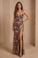 Load image into Gallery viewer, Sparkly Black Floral Sequin Halter Mermaid Long Evening Dress with Slit