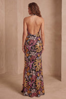 Load image into Gallery viewer, Sparkly Black Floral Sequin Halter Mermaid Long Evening Dress with Slit