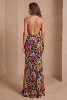 Sparkly Black Floral Sequin Halter Mermaid Long Evening Dress with Slit