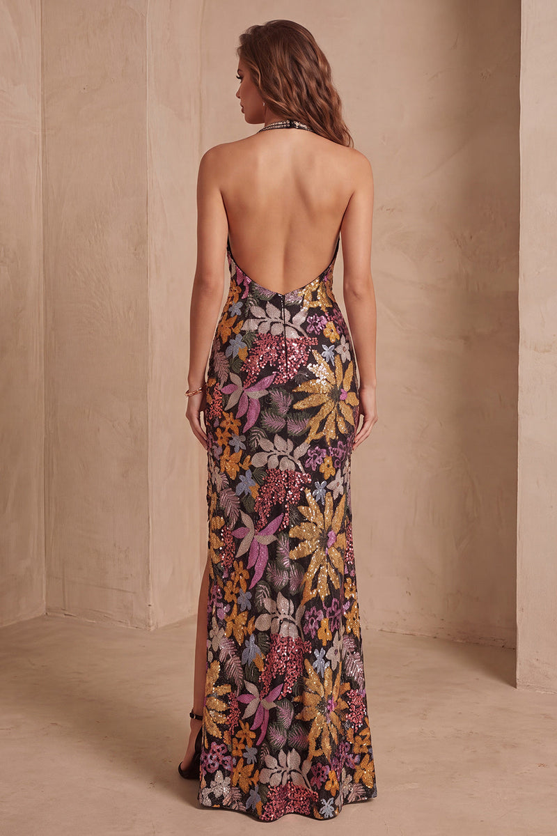 Load image into Gallery viewer, Sparkly Black Floral Sequin Halter Mermaid Long Evening Dress with Slit
