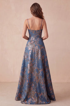 Navy Floral Spaghetti Straps A-Line Long Wedding Guest Dress