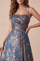 Load image into Gallery viewer, Navy Floral Spaghetti Straps A-Line Long Wedding Guest Dress