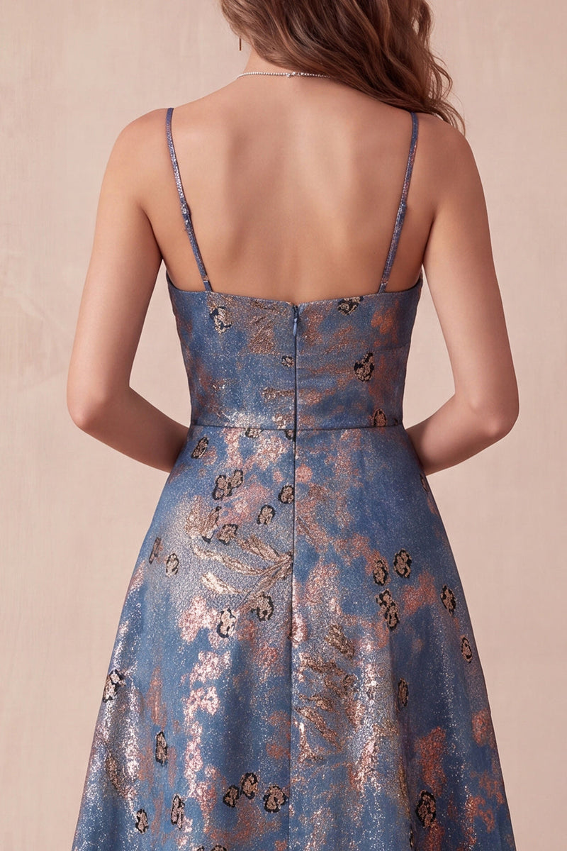 Load image into Gallery viewer, Navy Floral Spaghetti Straps A-Line Long Wedding Guest Dress