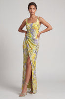 Load image into Gallery viewer, Floral Mermaid Yellow Sparkly Ruched Long Mother of the Bride Dress with Slit