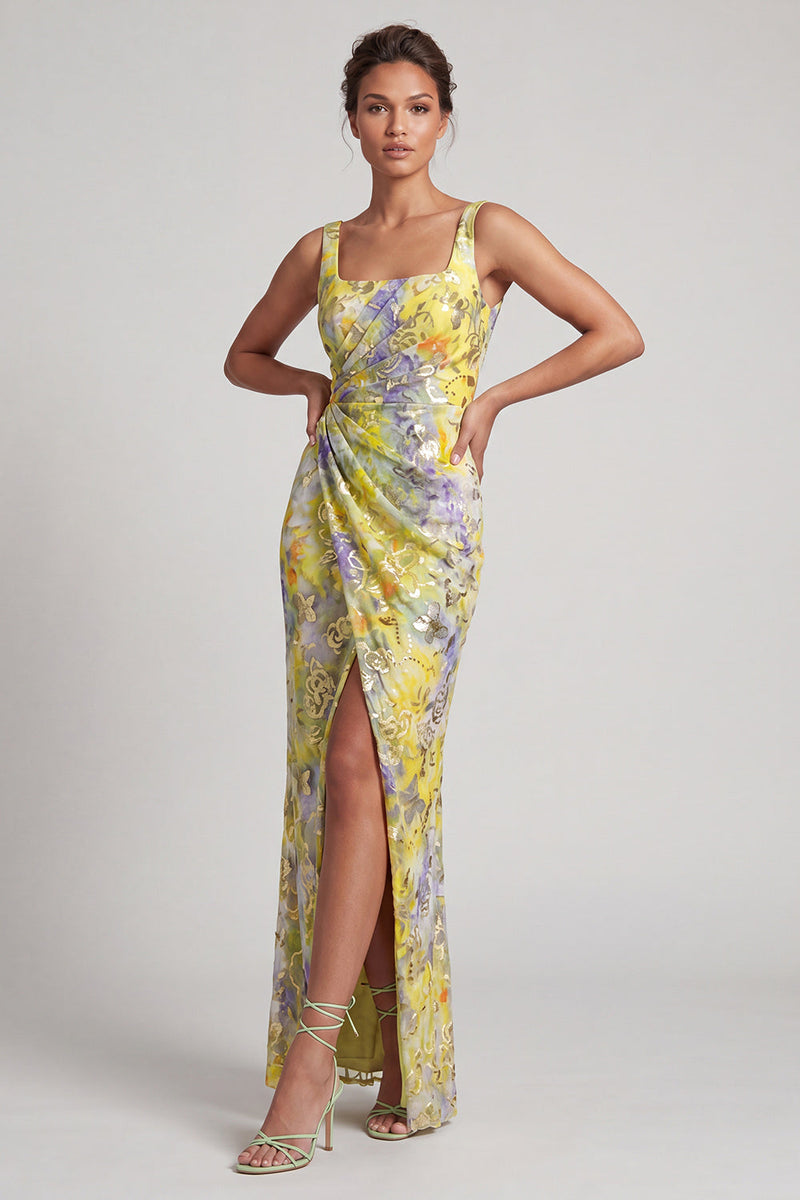 Load image into Gallery viewer, Floral Mermaid Yellow Sparkly Ruched Long Mother of the Bride Dress with Slit