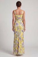 Load image into Gallery viewer, Floral Mermaid Yellow Sparkly Ruched Long Mother of the Bride Dress with Slit