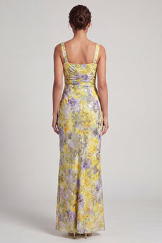 Floral Mermaid Yellow Sparkly Ruched Long Mother of the Bride Dress with Slit