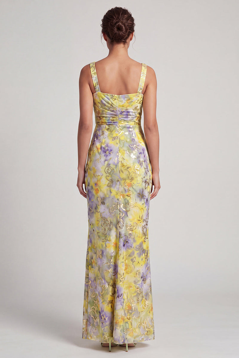 Load image into Gallery viewer, Floral Mermaid Yellow Sparkly Ruched Long Mother of the Bride Dress with Slit