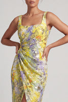 Load image into Gallery viewer, Floral Mermaid Yellow Sparkly Ruched Long Mother of the Bride Dress with Slit