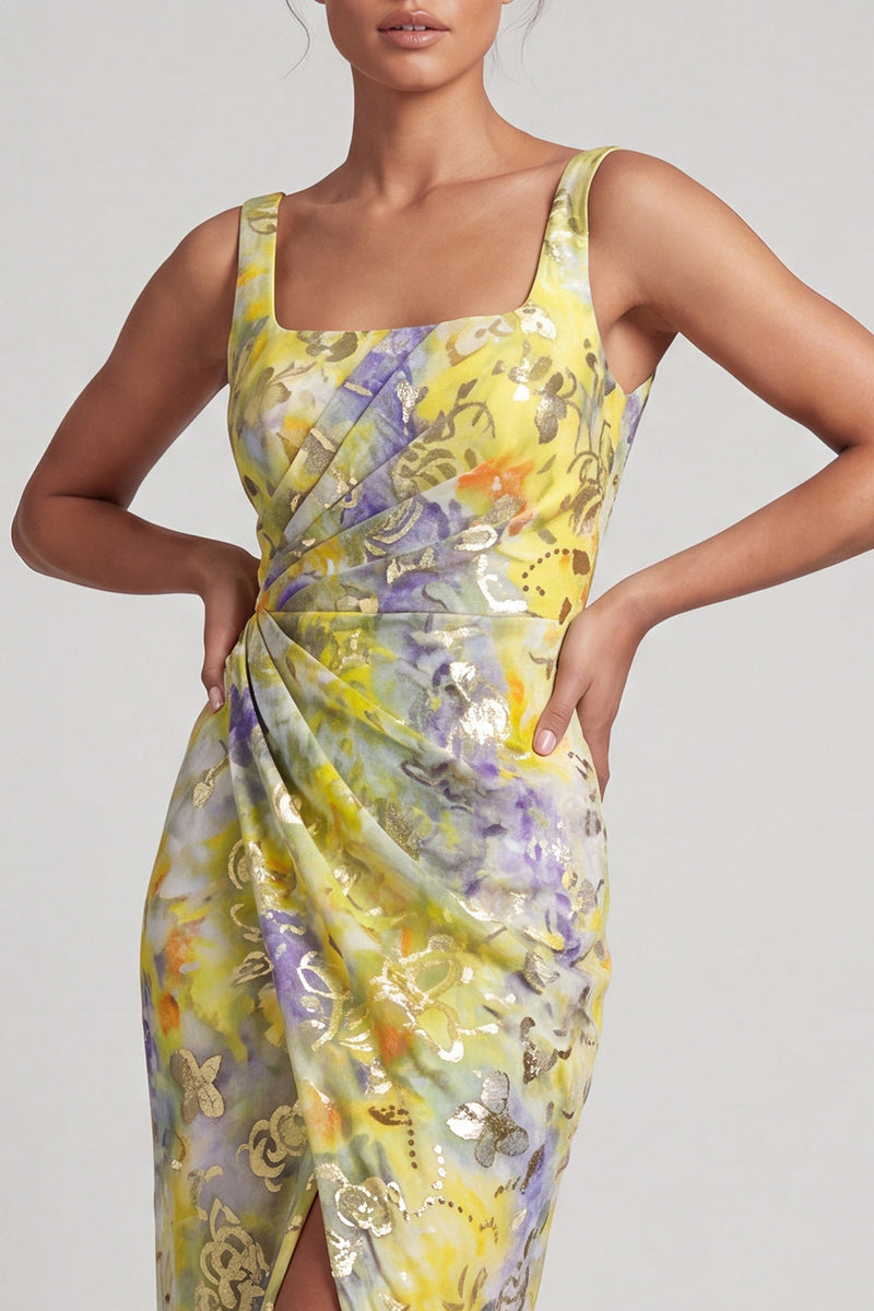 Load image into Gallery viewer, Floral Mermaid Yellow Sparkly Ruched Long Mother of the Bride Dress with Slit