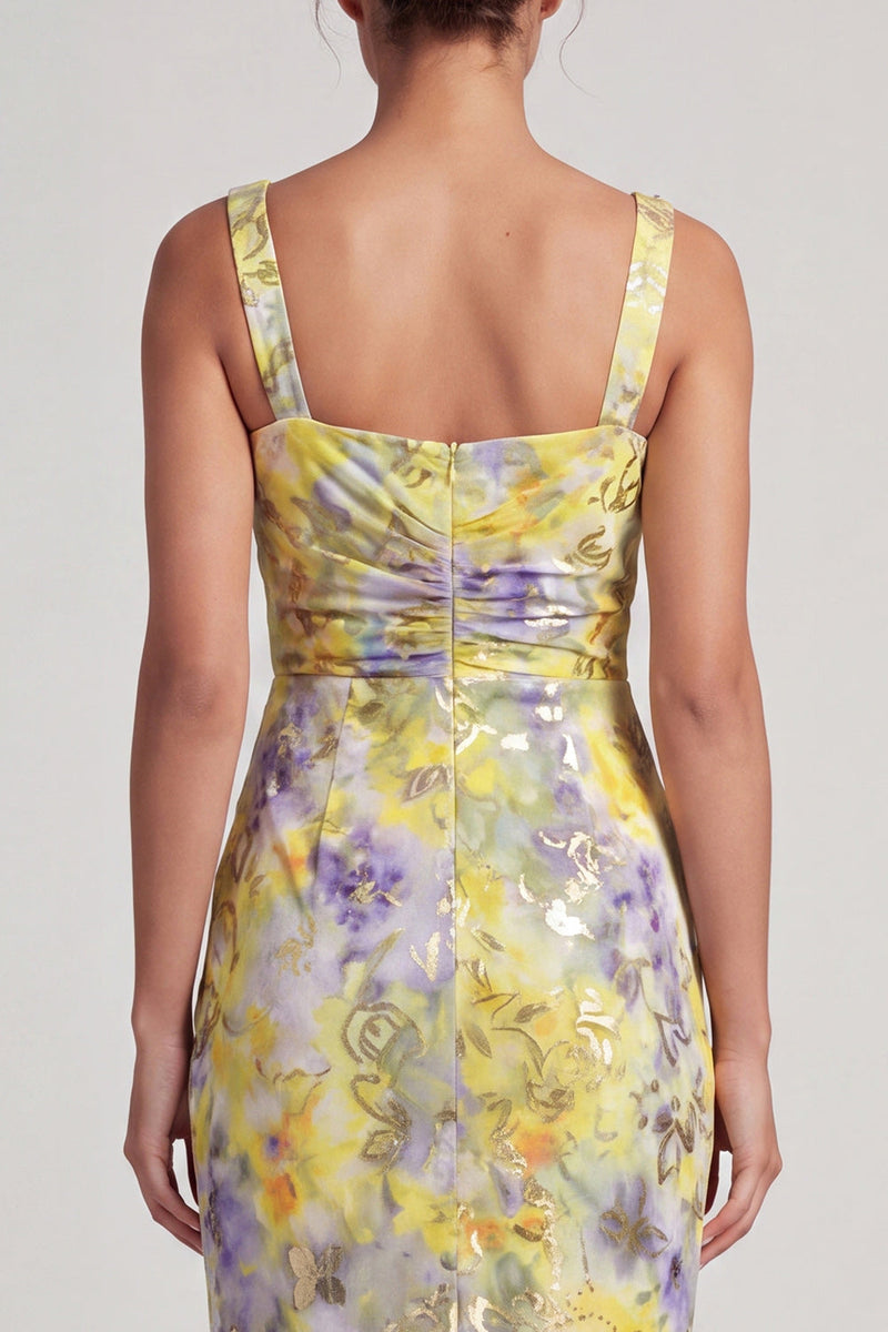 Load image into Gallery viewer, Floral Mermaid Yellow Sparkly Ruched Long Mother of the Bride Dress with Slit