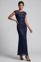 Load image into Gallery viewer, Sparkly Navy Round Neck Mermaid Sequins Long Mother of the Bride Dress