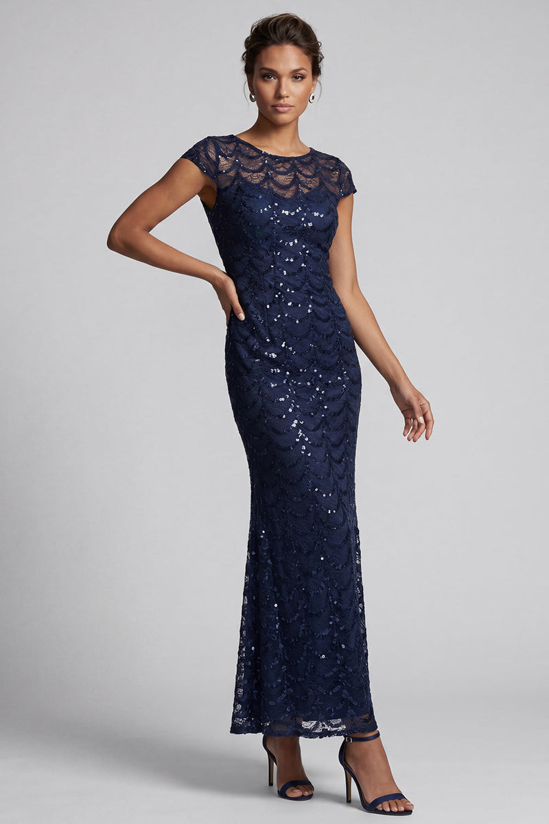 Load image into Gallery viewer, Sparkly Navy Round Neck Mermaid Sequins Long Mother of the Bride Dress