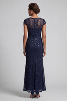 Load image into Gallery viewer, Sparkly Navy Round Neck Mermaid Sequins Long Mother of the Bride Dress