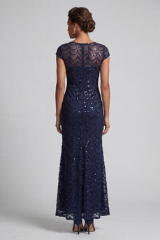 Sparkly Navy Round Neck Mermaid Sequins Long Mother of the Bride Dress